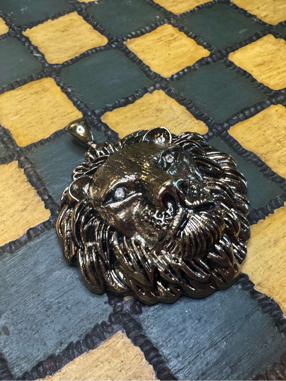 Gold Lion Head Pendant for Necklace in Dark /Gold Finish w/Crystal eyes